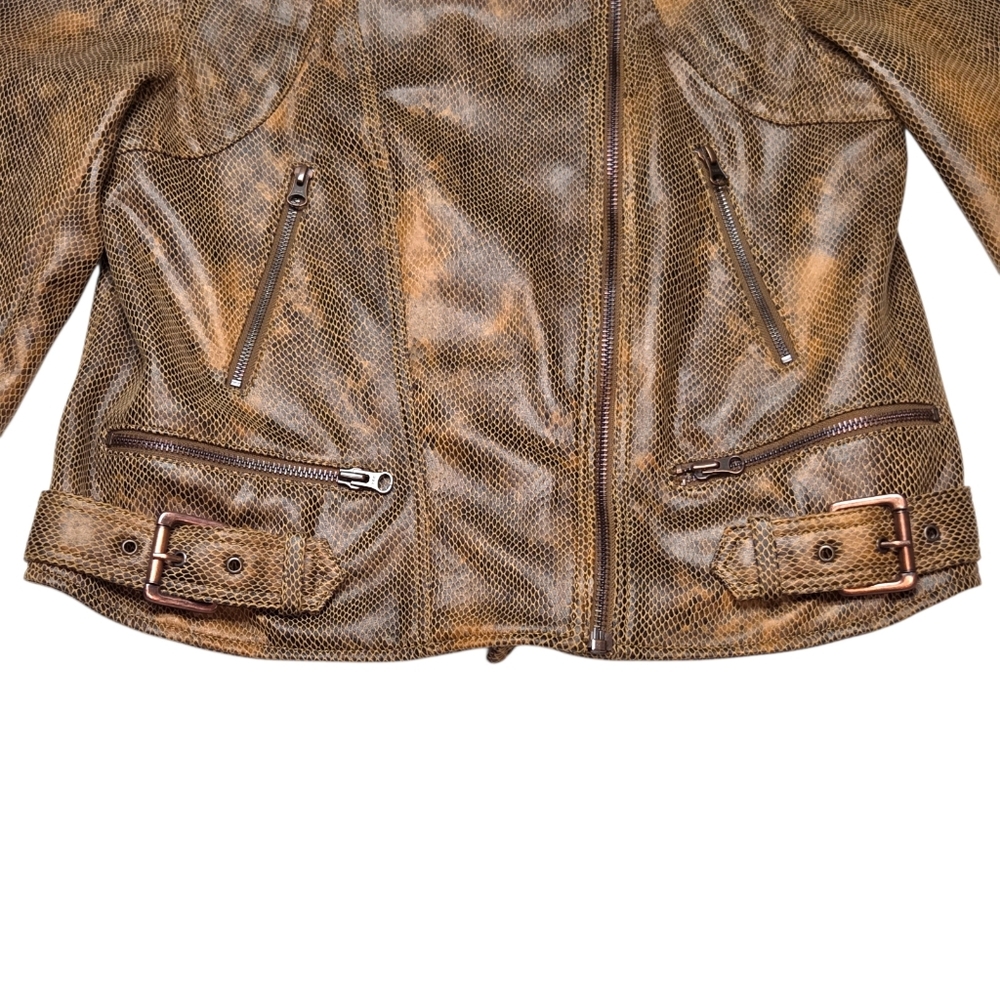 Free People Fenix Snakeskin Moto Jacket Brown Faux Leather Biker L NWOT - Picture 5 of 16
